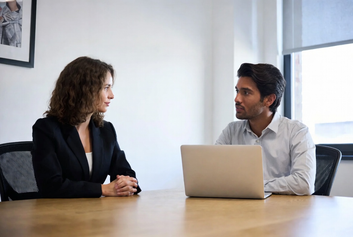 Colleagues in conversation in a college meeting room
